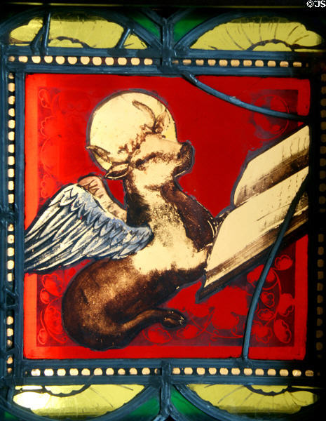 Stained glass window (1960s) with Symbol of St Luke at Stained Glass Museum. Chicago, IL.
