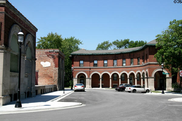Pullman Village square with colonnades & ruins of central public building. Chicago, IL.