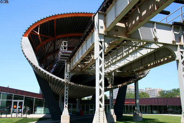 Elevated transit tunnel shields sound as trains transit McCormick Tribune Campus Center at IIT. Chicago, IL.