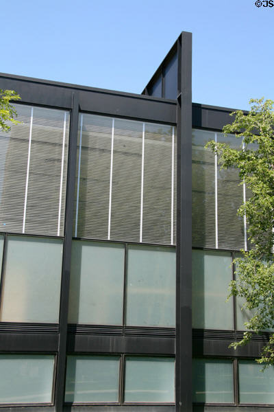 Crown Hall at Illinois Institute of Technology where Ludwig Mies van der Rohe hung roof from bridging steel trusses. Chicago, IL.