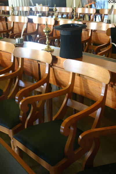 Stovepipe hat on desk once occupied by Abraham Lincoln in House chamber of Old State Capitol. Springfield, IL.