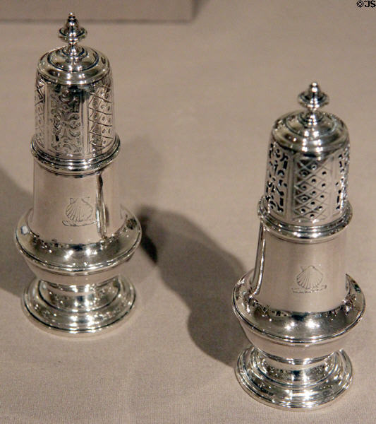 Silver casters (1740-50) attrib. Jacob Hurd of Boston, MA at Art Institute of Chicago. Chicago, IL.