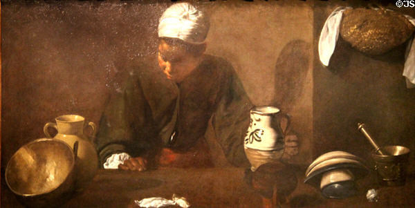 Kitchen Scene painting (1618-20) by Diego Velázquez at Art Institute of Chicago. Chicago, IL.