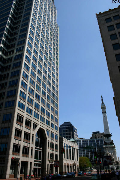 Market Tower over Civil War Memorial. Indianapolis, IN.