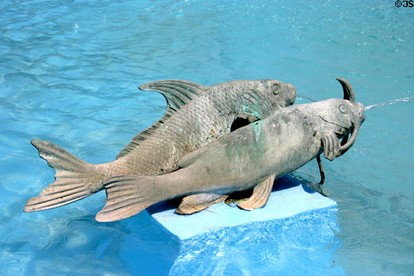 Bronze fish of fountain in University Park. Indianapolis, IN.