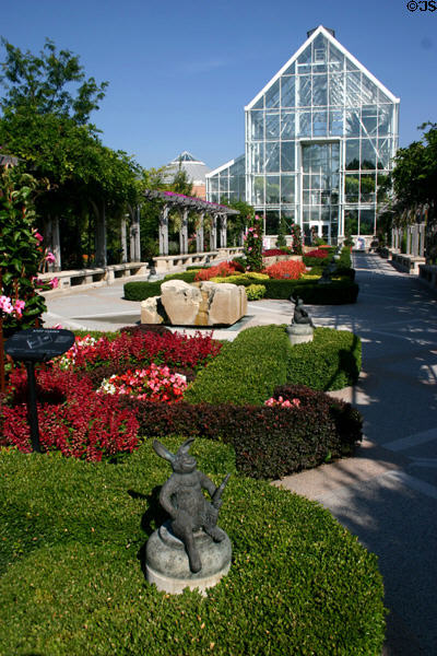Greenhouse above boxed garden at White River Gardens. Indianapolis, IN.