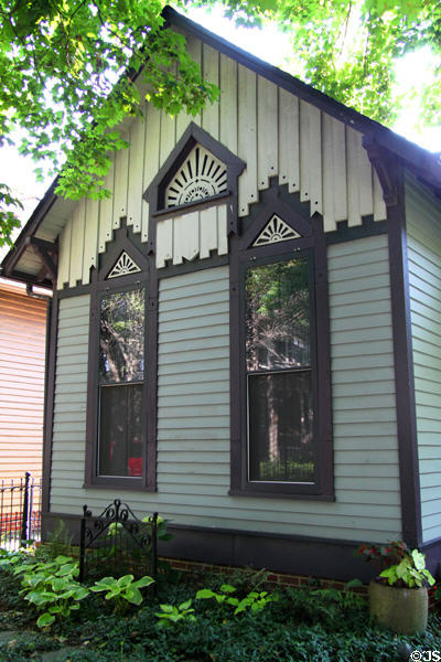 Gothic board and batten cottage (in 330 section of N. Park Ave.) in Lockerbie Square historic neighborhood. Indianapolis, IN.