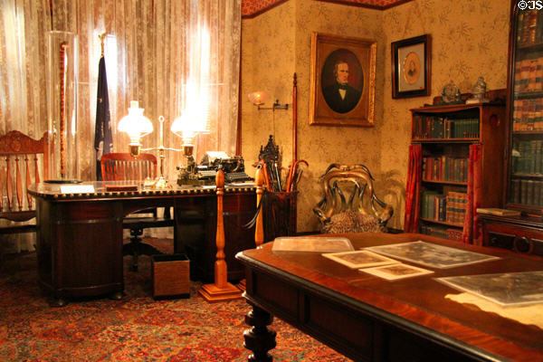Library with Harrison's desk & table used in the White House at Benjamin Harrison Presidential Site. Indianapolis, IN.