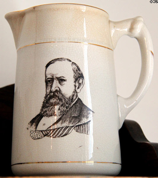 Benjamin Harrison commemorative ceramic pitcher (1888) at Benjamin Harrison Presidential Site. Indianapolis, IN.