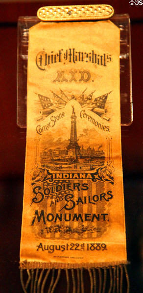 Ribbon for Indiana Soldiers & Sailors Monument corner stone ceremonies (Aug. 22, 1889) at Benjamin Harrison Presidential Site. Indianapolis, IN.