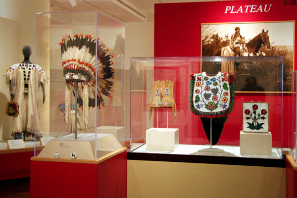 Indian gallery with headdress & beaded items at Eiteljorg Museum. Indianapolis, IN.