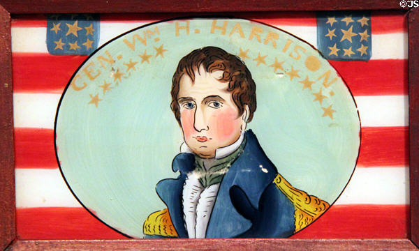 Reverse painting of General William Henry Harrison on glass with flag at Grouseland. Vincennes, IN.