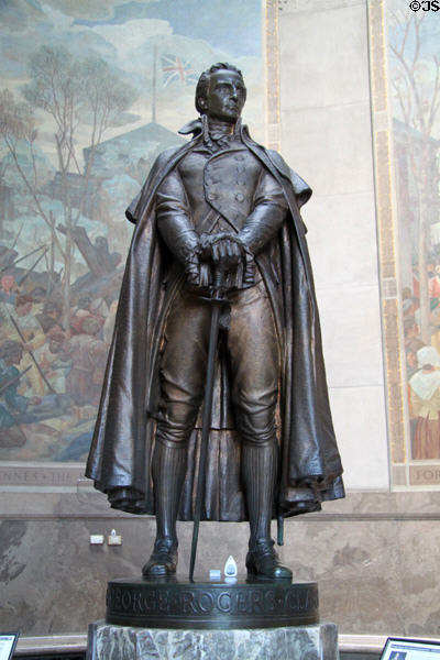 Statue of George Rogers Clark Revolutionary War Leader who captured frontier British Fort Sackville after leading a small band of American troops through freezing flood waters of Wabash River. Vincennes, IN.