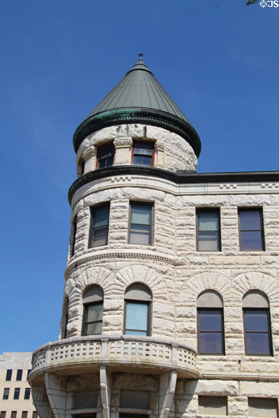 Round corner tower of former Wichita City Hall, now a museum. Wichita, KS.