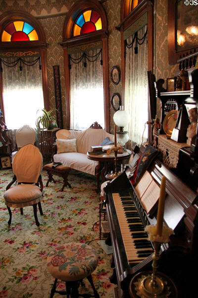 Parlor with Mason & Hamlin parlor organ (c1885) in recreated Wichita Cottage (c1890) at Sedgwick County Historical Museum. Wichita, KS.