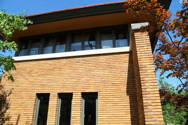 Prairie-style windows under roof overhang of Allen-Lambe House. Wichita, KS.