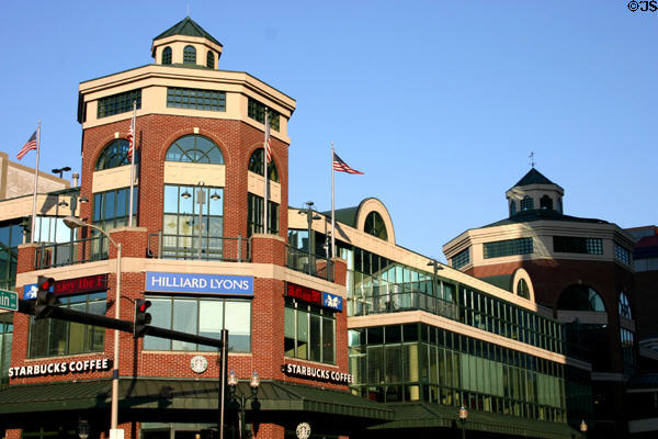 Triangle Center with two octagonal towers extends Victorian Square. Lexington, KY.