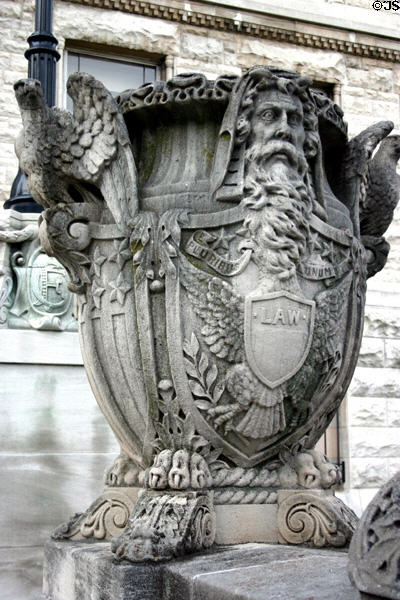Old Fayette County Courthouse urn with law symbols. Lexington, KY.