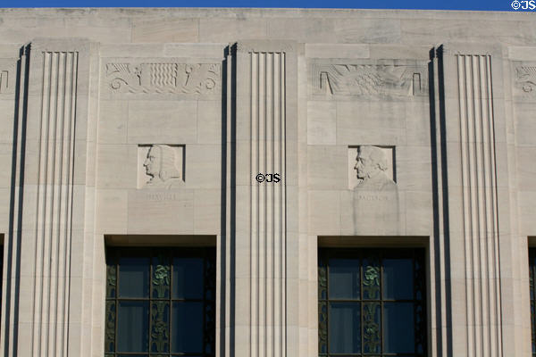 Art Deco design details with reliefs of pioneers Pierre Le Moyne d'Iberville & Andrew Jackson at Louisiana State Capitol. Baton Rouge, LA.