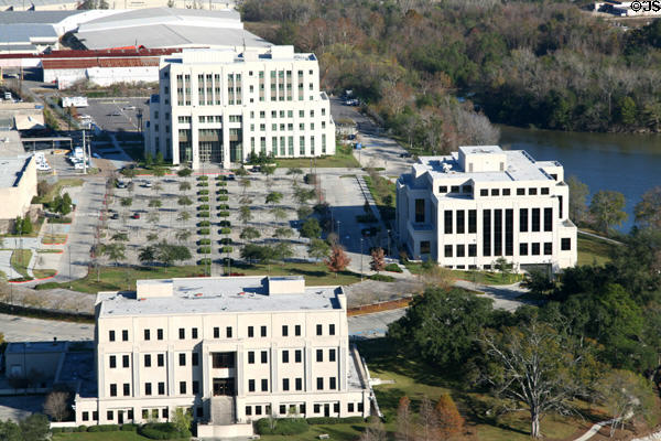 Louisiana State Capitol Park on Capitol Lake with state office buildings: Livingston (Justice) at top; Poydras (Insurance) at right; & First Circuit Court of Appeals buildings. Baton Rouge, LA.
