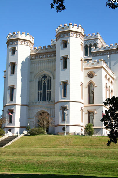 Old State Capitol (1847-50) (100 North St.) burned (1862) to brick shell in Civil War & restored (1882). Baton Rouge, LA. Style: Gothic Revival. Architect: James Dakin; restored William A. Freret. On National Register.