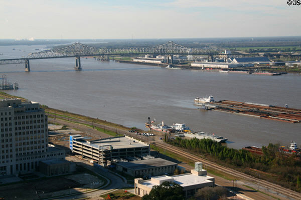 View of Mississippi River & Interstate Highway 10 bridge from top of State Capitol building. Baton Rouge, LA.