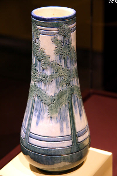 Newcomb Pottery bluish vase with green fronds at Shaw Center for the Arts. Baton Rouge, LA.