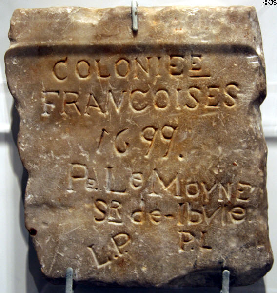 Iberville Stone (1699) from Fort Maurepas, first permanent settlement in the Mississippi Valley, at Cabildo Museum. New Orleans, LA.