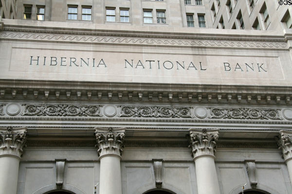 Neoclassical details of Hibernia Bank Building. New Orleans, LA.