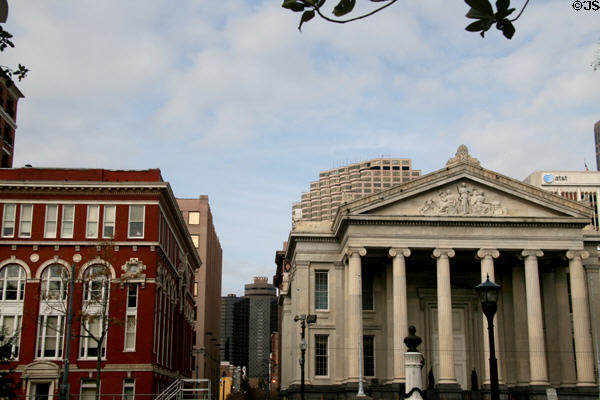 Soulé College & Gallier Hall on Lafayette Square against highrises. New Orleans, LA.