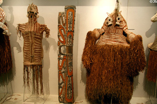 Asmat body masks & shield (1990s) from Papua, Indonesia, at New Orleans Museum of Art. New Orleans, LA.