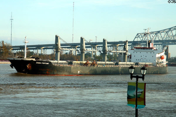 Dubai Fortune freighter against Crescent City Connection Bridge. New Orleans, LA.