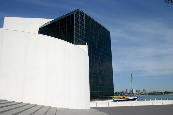 John Fitzgerald Kennedy Library overlooks Boston skyline & bay from the campus of University of Massachusetts at Boston. Boston, MA.