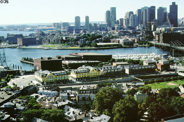 View of USS Constitution & north-end Boston from Bunker Hill. Boston, MA.
