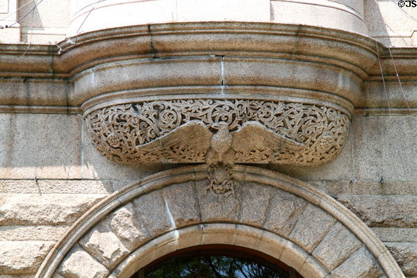 Romanesque Revival eagle carving on Lowell City Hall. Lowell, MA.