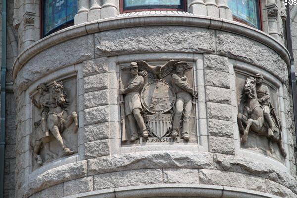 Civil War carvings on Lowell Memorial Hall Library. Lowell, MA.