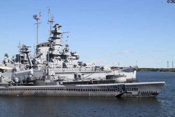 Submarine Lionfish in front of Battleship Massachusetts at Battleship Cove. Fall River, MA.