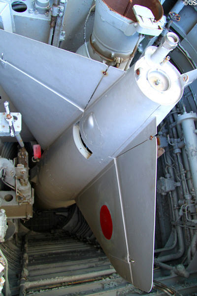 Tailfin of missile of Hiddensee corvette at Battleship Cove. Fall River, MA.