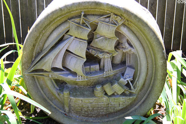 Roundel with sailing ship off old PO building at Fall River Historical Society Museum. Fall River, MA.