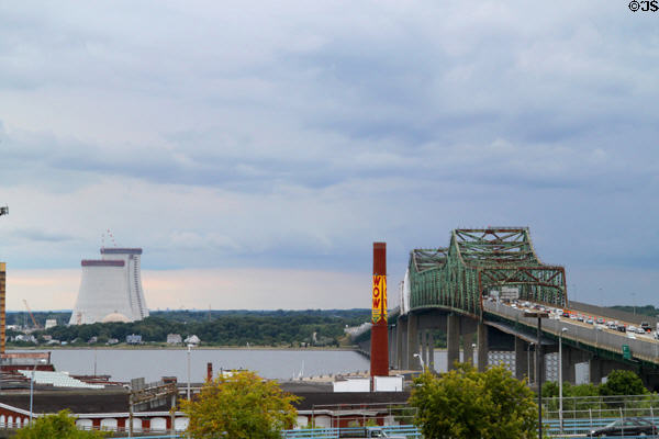 Charles S Braga Bridge (I-195) & Somerset Power Plant beside Mount Hope Bay. Fall River, MA.