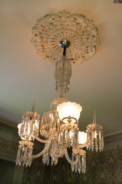 Pairpoint glass gasolier chandelier made in New Bedford in front parlor at Rotch-Jones-Duff House. New Bedford, MA.