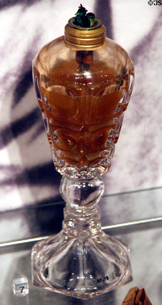 Whale oil lamp with sperm oil (1840-70) by Gorham Mfg. Co. of Providence, RI at New Bedford Whaling Museum. New Bedford, MA.