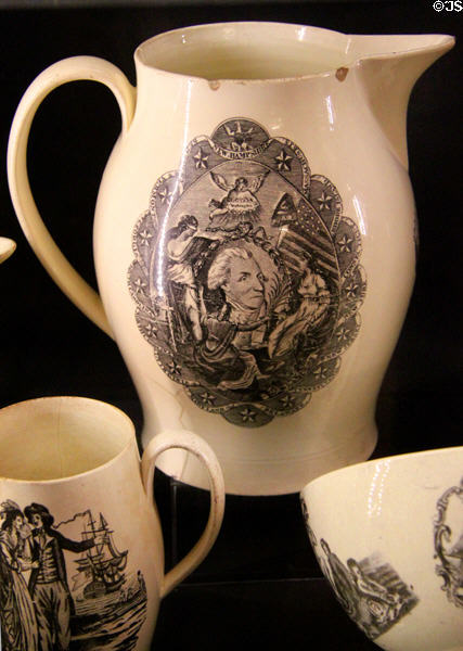 Creamware pottery jug (c1794-6) with bust of George Washington ringed by 15 State names at New Bedford Whaling Museum. New Bedford, MA.