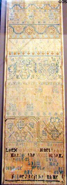 Standish Sampler (c1653) by Captain Myles Standish's daughter Loara at Pilgrim Hall Museum. Plymouth, MA.