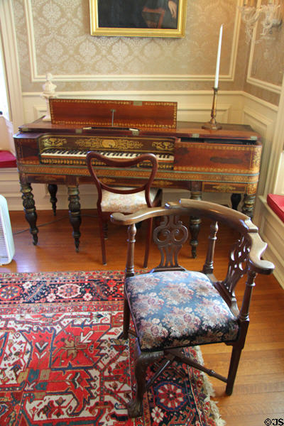 Sword chair & rectangular piano at Mayflower Society House. Plymouth, MA.