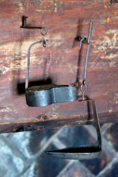 Hanging Betty & fat burning lamps at Jabez Howland House. Plymouth, MA.