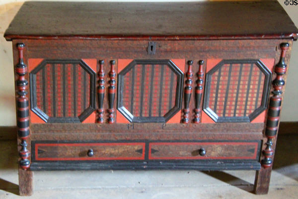 Painted chest with turned columns at Hoxie House. Sandwich, MA.