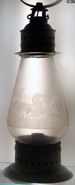 Mold-blown lanterns engraved with initials RER (1880) by Boston & Sandwich Glass Co. at Sandwich Glass Museum. Sandwich, MA.