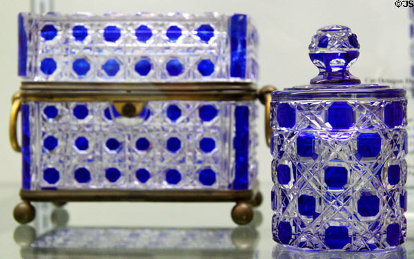 Cut octagon diamond glass box & jar (1870-87) by Boston & Sandwich Glass Co. at Sandwich Glass Museum. Sandwich, MA.