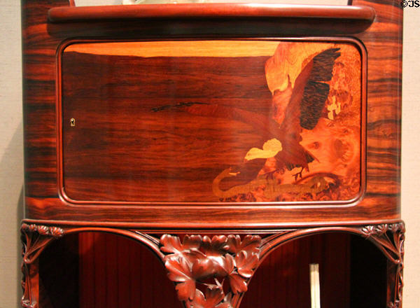 Inlaid detail of vulture on French Art Nouveau cabinet (c1900) by Louis Majorelle at Museum of Fine Arts. Boston, MA.